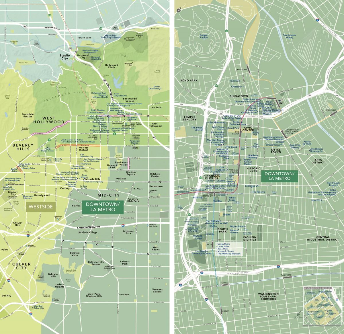mapa centrum miasta Los Angeles zabytki