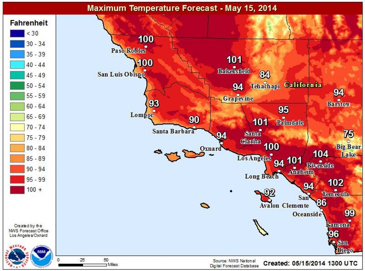 Los Angeles temperatury mapa temperatury Los Angeles (Kalifornia, USA)