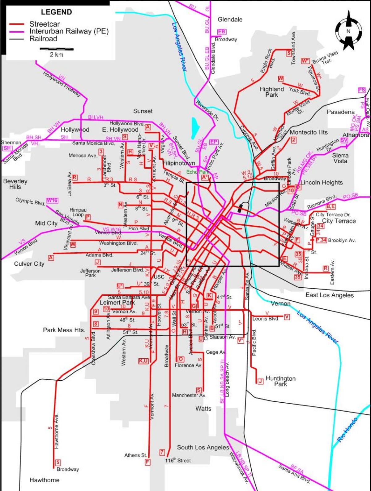 Los Angeles tramwaj mapie
