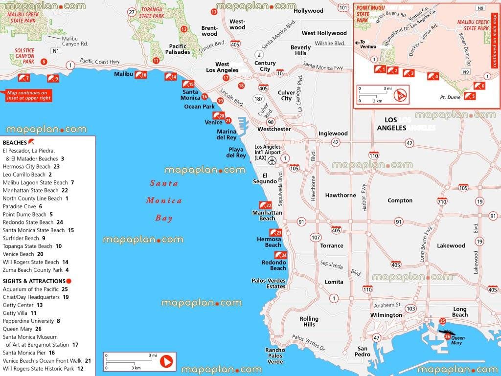 Los Angeles, plaże mapie